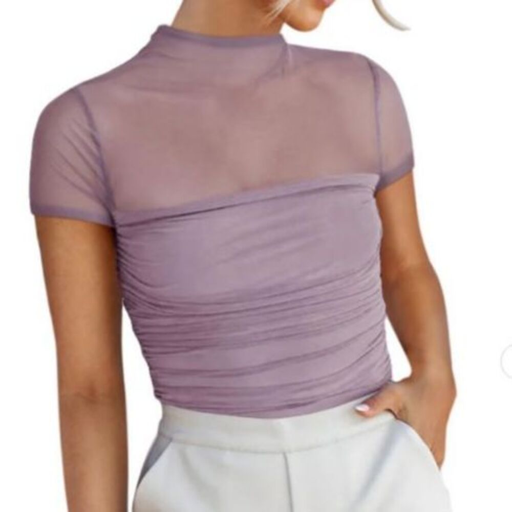 REORIA Sheer Mesh Mock Neck Ruched Top Lilac Size Small NWT Trendy Y2K